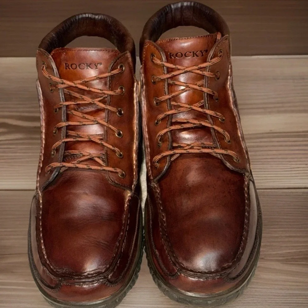 ROCKY Cabin Collection Brown Leather Moc Toe Work Boots Lace Up Cabincore Sz 12‎